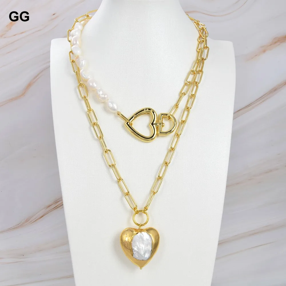 

GG Jewelry Natural 2 Rows Cultured White Baroque Pearl Statement Chain Necklace Heart-Shaped Pearl Pendant Necklace For Women