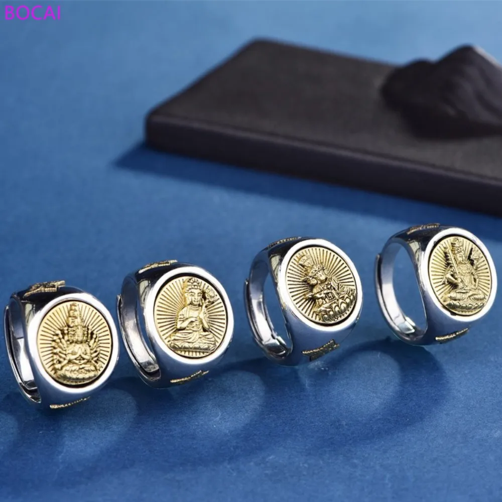 

BOCAI S925 Pure Silver Rings For Men Retro Thai Silver Ring Men's Life Buddha Guardian Adjustable Turns Silver Ring