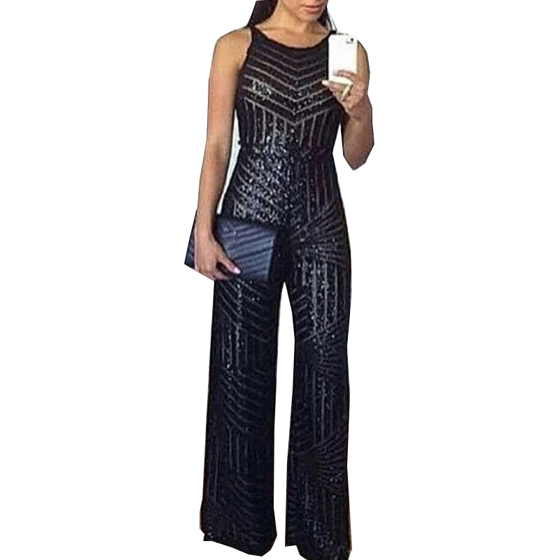 

2021 Black Sexy Sequined Sleeveless O-Neck Women Spring Casual Slim Wide Leg Jumpsuit Ladies Fashion Nightclub Romper SJ7506R