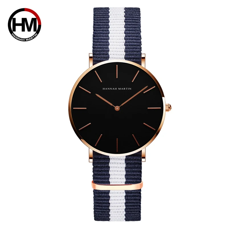 

Relogio Hannah Martin Luxury Brand DW Style Women Watch Japan Movement Rose Gold Waterproof Nylon Ladies Quartz Watch Black Dial
