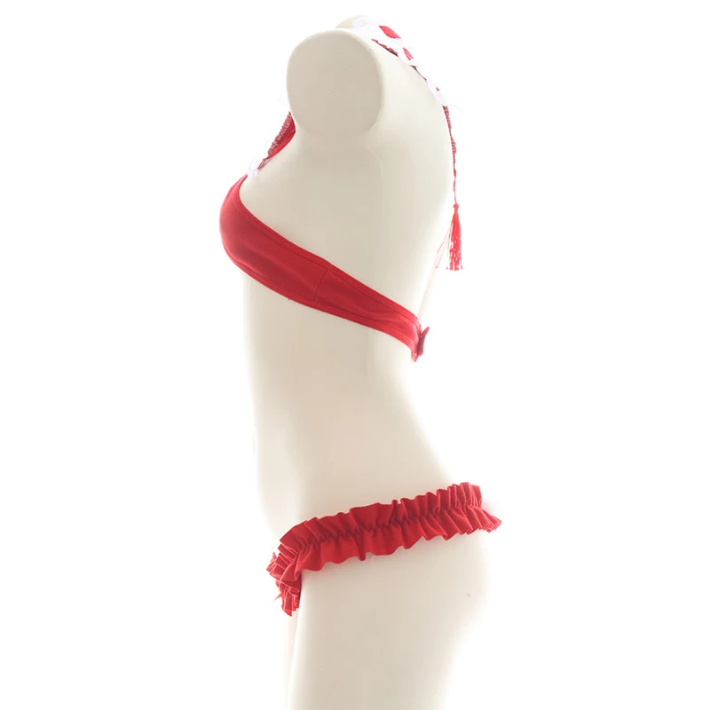 Женский красный купальник-бикини с кисточками и бантом