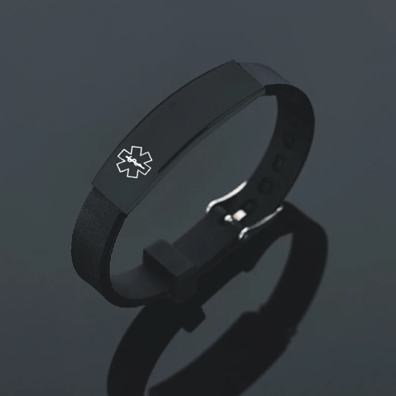 Black Stainless Steel Silicone Medical Alert Bracelet DIABETIC EPILEPSY SOS Bracelets Engraving Wristband For Men images - 6