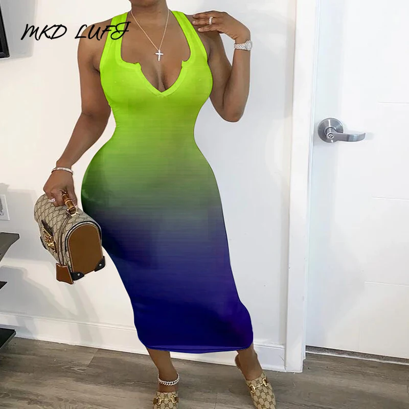 Mid-Calf Print Sleeveless Pullover Gradient Dress Women V Neck Thick Strap Sheath Bodycon Dresses | Женская одежда