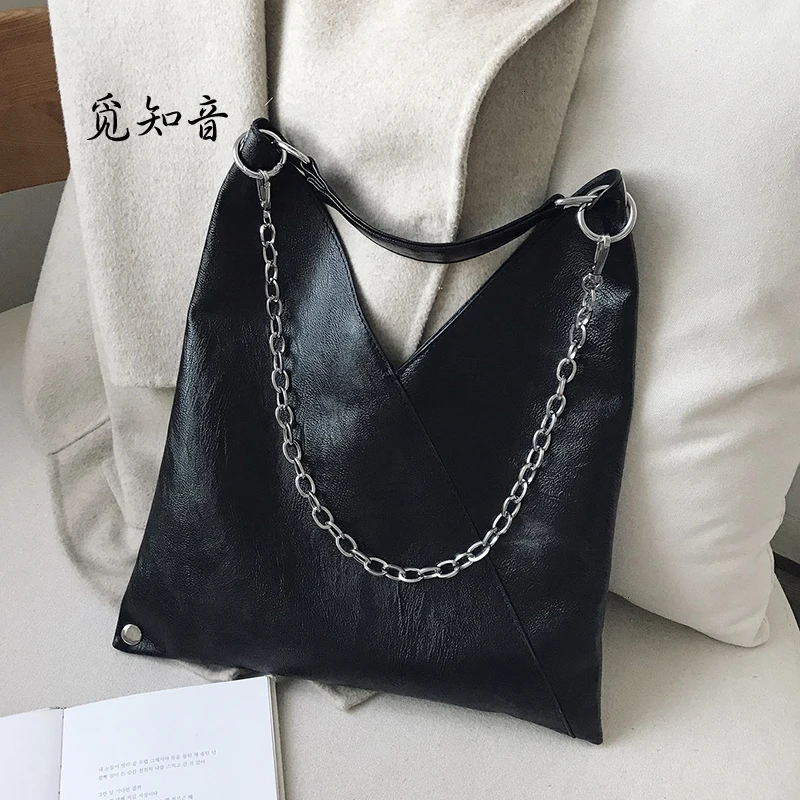 

Кожаные винтажные сумки на плечо для женщин, дизайнерская дамская сумка через плечо на цепочке 2019, женские крутые однотонные сумки большой ...