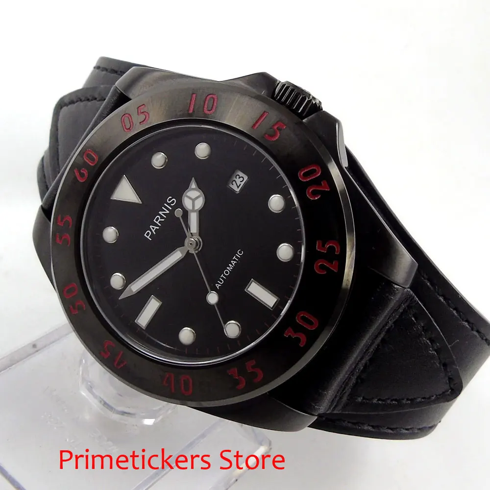 

PARNIS 43mm PVD coated case black dial automatic movement mens watch date leather strap sapphire glass