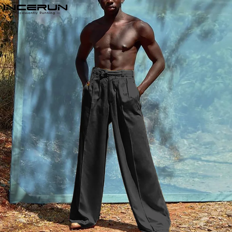 

INCERUN Stylish New Men America Style Leisure Streetwear Pantalones Vintage Straight Long Pants Male Loose Solid Trousers S-5XL