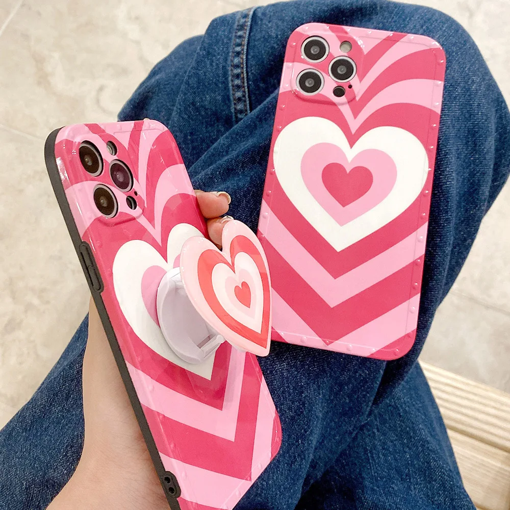 

Pink Heart Circle Holder For iPhone 11 Case For iPhone 13 12 Pro Max XS XR X 7 8 Plus SE 2020 Fashion Phone Back Cover Fundas