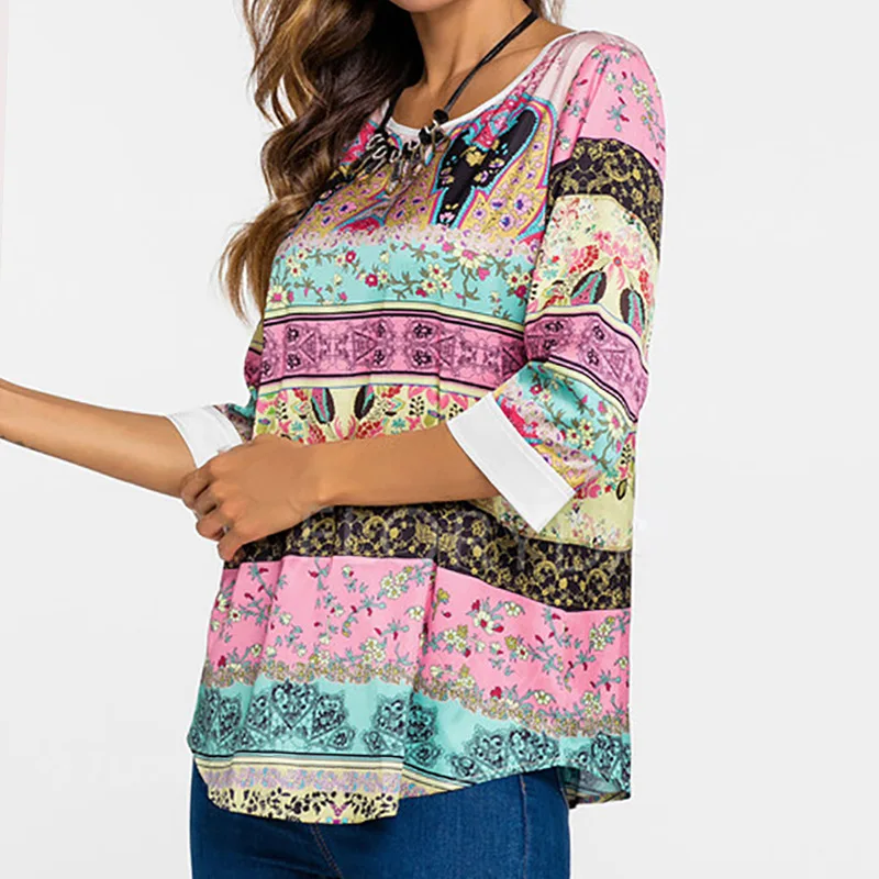 

2020 Popular Loosen Women Tshirt Three Quarter Sleeves Indie Folk Femme Clothes Round Neck Striped Tops Tees Hot Selling