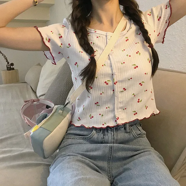 

Small Cherry Print Wooden Ear T-shirt Women's Short High-waist Summer All-match Knitted Crop Tops