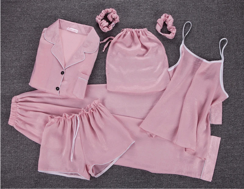 Pink Женские пижамы, 7 шт., женские комплекты ночного белья, Осень-зима, летние топы+ шорты+ рубашка+ штаны, модные сексуальные пижамы - Цвет: Pink