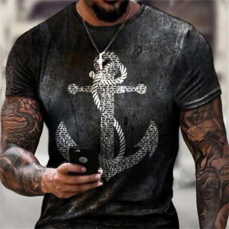 Men's Short Sleeve Sports T-shirt Anchor Round Neck Loose T-shirt 3D Printing Breathable Casual 2021 New