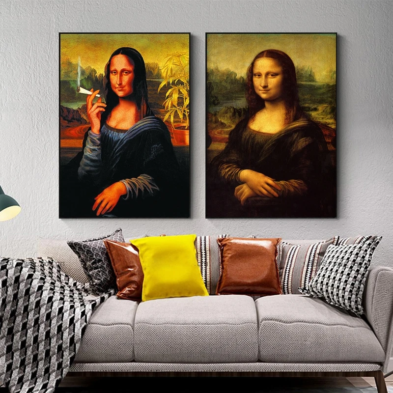 

Funny Mona Lisa Drink and Smoking Posters Wall Art Canvas Print Pictures Da Vinci Famous Paintings for Home Living Room Decor