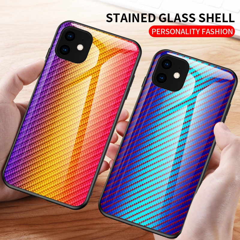 for apple iphone 11 case hard tempered glass gradient carbon fiber protect back cover case for iphone 11 pro max iphone11 11pro free global shipping