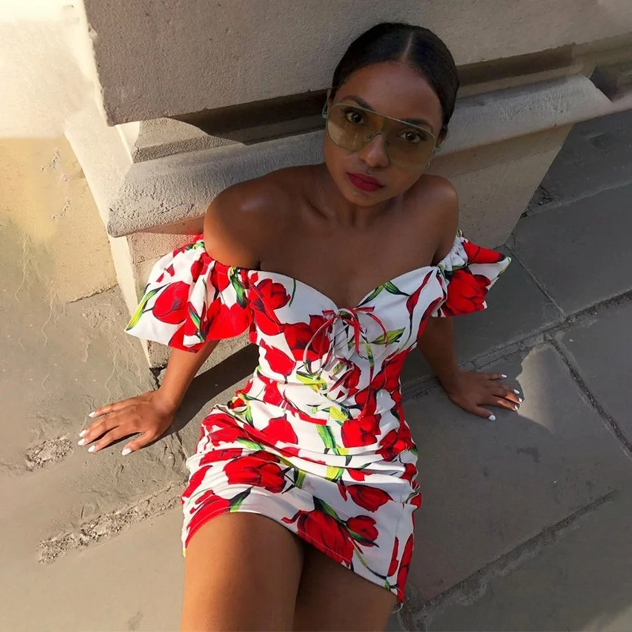

Summer Floral Print Casual Sweet Dress Women Mini Dress Sexy Lace Up Cross Patchwork Bodycon Club Festival French Dress Robe