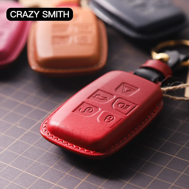Crazy Smith Handmade Car Key Case Cover for Land Rover 5 Buttons Vegetable Tanned Leather High Quality New Year's Gift Brown Red |