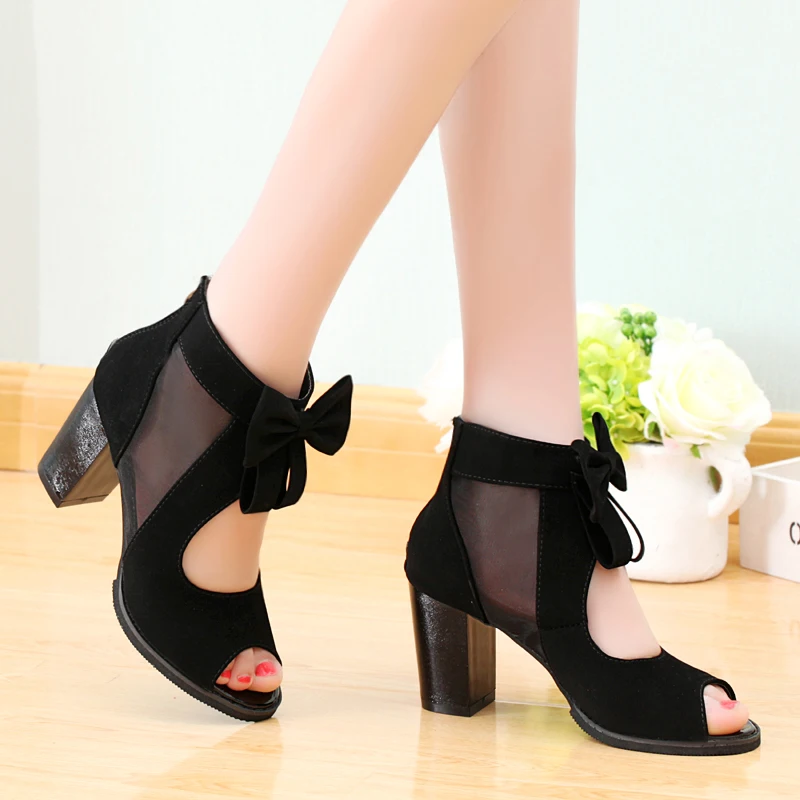 Туфли-лодочки женские на высоком толстом каблуке сетчатые босоножки с