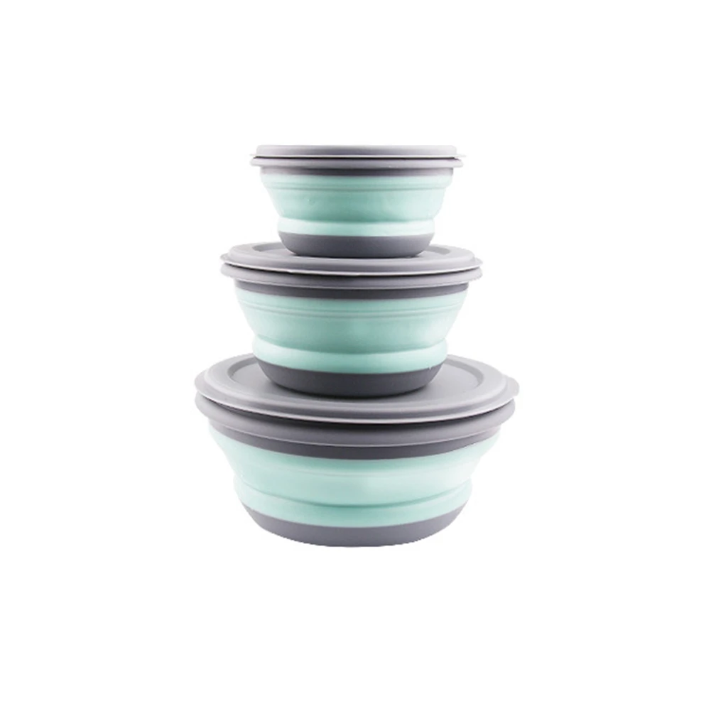 1 set green 3 шт./набор силиконовые складные миски, детская Салатница, складной портативный контейнер для ланча, коробка для еды, столовая посуда, Bento для взрослых - Цвет: 1 set green