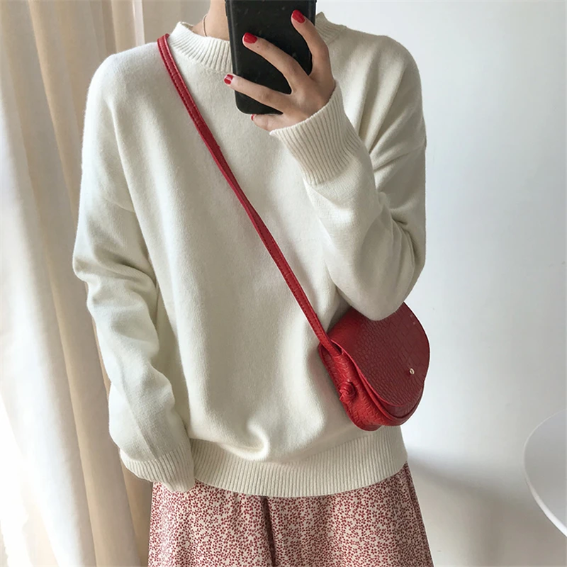 

Knitted Sweater Women Pullover Crew Neck Jumpers Solid Casual Loose Long Sleeve Top Korean Style Autumn Winter Pullovers Pull