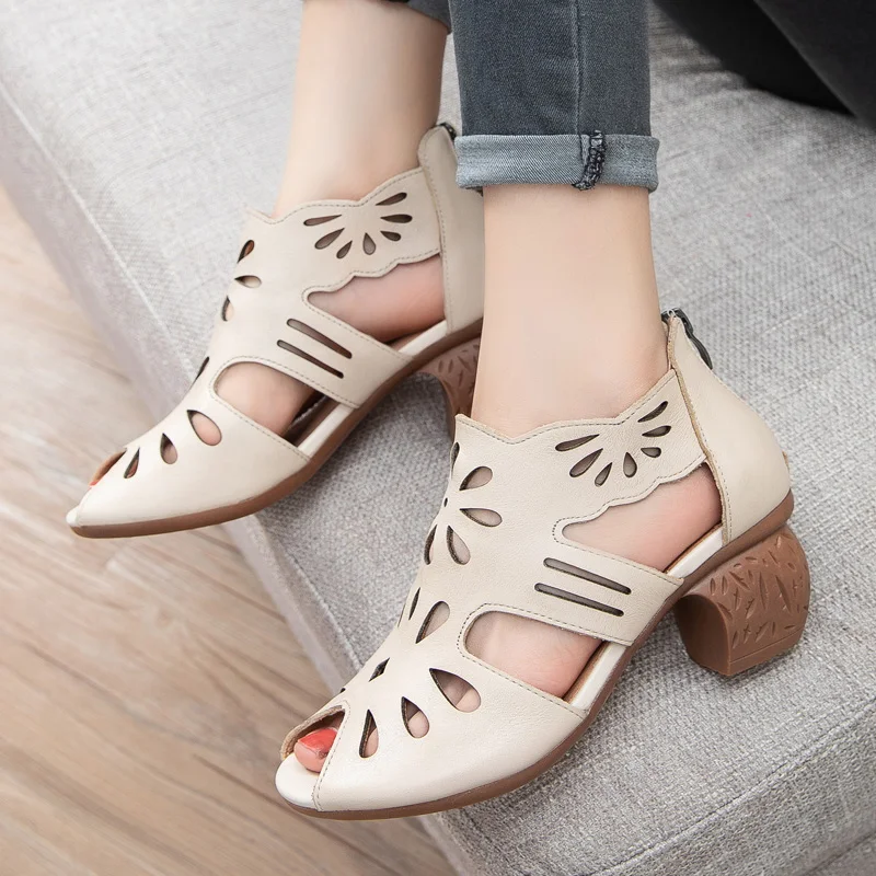 

High Heels Retro Ladies Sandals Fashion Women Shoes 2021 New Spring Summer Genuine Leather Fooewear Hollow Sewing Woman Sandals