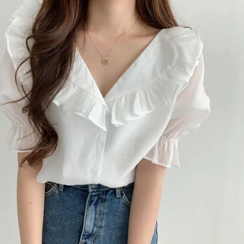 

2020 New Summer Ruffled Lapel Chiffon Shirt Women Blouses Korean Style Elegant Sweet Puff Sleeve Tops Female Blusas