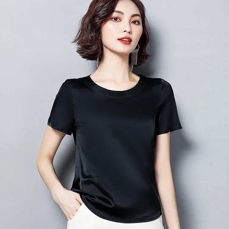 

Imitation silk women's T-shirt short-sleeved top women 2021 summer new round neck loose large size bottoming shirt