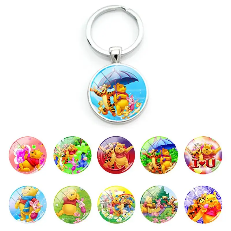 

Disney Keychain Funny Cute Winnie the Pooh Bag Car Keyring for Women Pendant Glass Cabochon Keychains Trendy Gifts Jewelry WN354