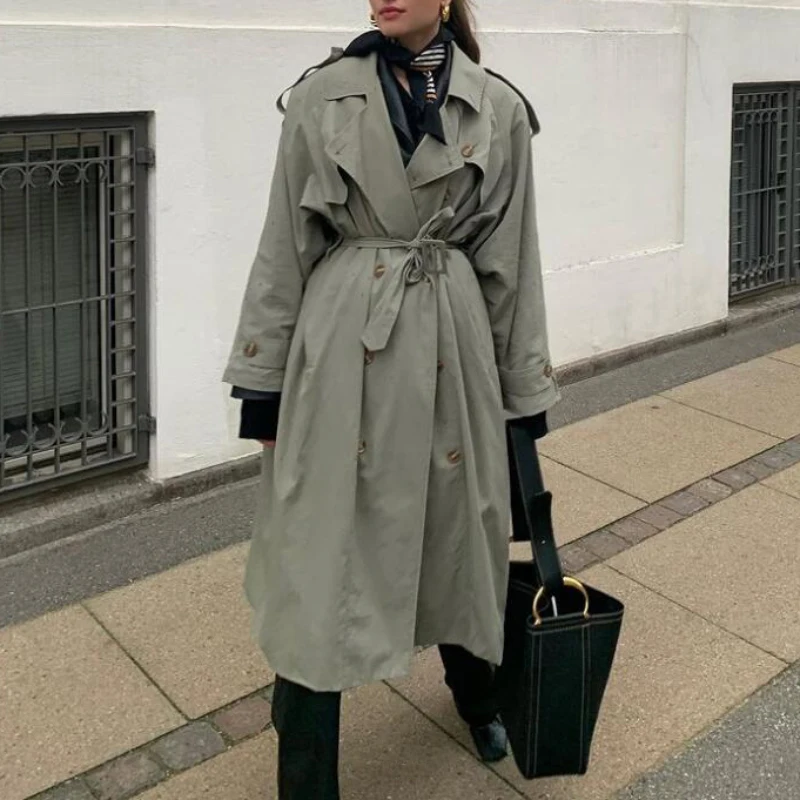 

Holiwind 2021 England Style Double-Breasted Long Women Trench Coat Belted with Flaps Spring Autumn Lady Windbreaker Duster Coat