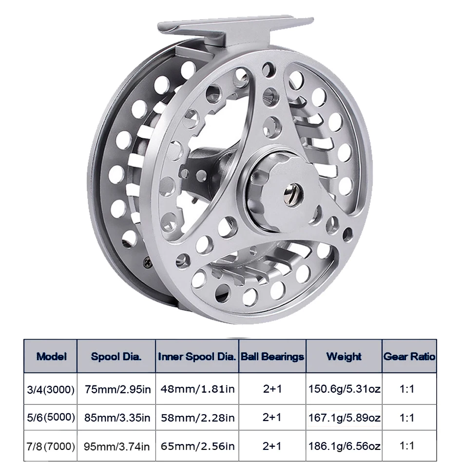 

Fly Fishing Reels 3/4 5/6 7/8 WT Full Aluminum Alloy Fly Fishing Wheel Hand-Changed 2+1BB Gear Ratio 1:1 Fishing Reel Tackle