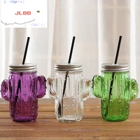 creative 3d cactus glass mason jar mug with lid and straw cold drink smoothie cup water glass cup