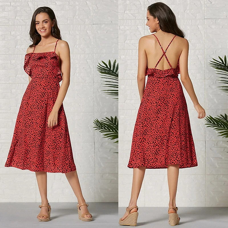 

Newest Style Sling Dress Red Leopard Pattern Printed Camisole Backless Elegant Dress