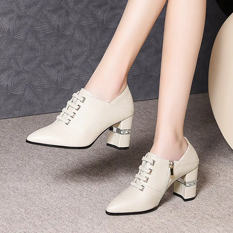 

Genuine Leather Woman Shoes Black Beige Pointed toe Shoes Non-Slip Ladies Dress Party Pumps Comfort Shoes Woman