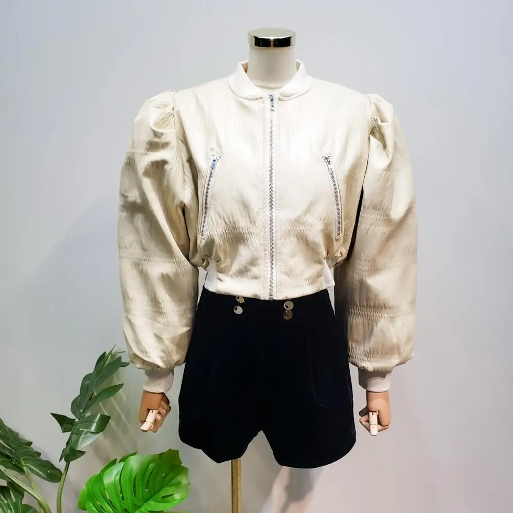 L77street PU embossed sheepskin soft French lantern sleeves short paragraph plus cotton padded cotton clothing leather jacket