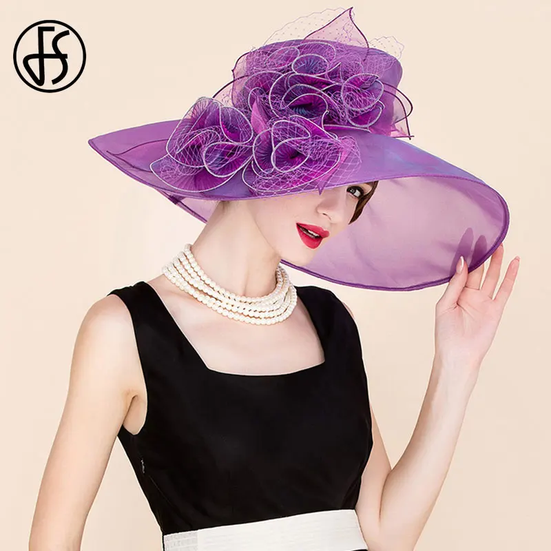 

FS Organza Hat For Women 2021 Beach Purple Kentucky Derby Sun Hats Ladies Party Wedding Large Wide Brim Fascinator Fedora