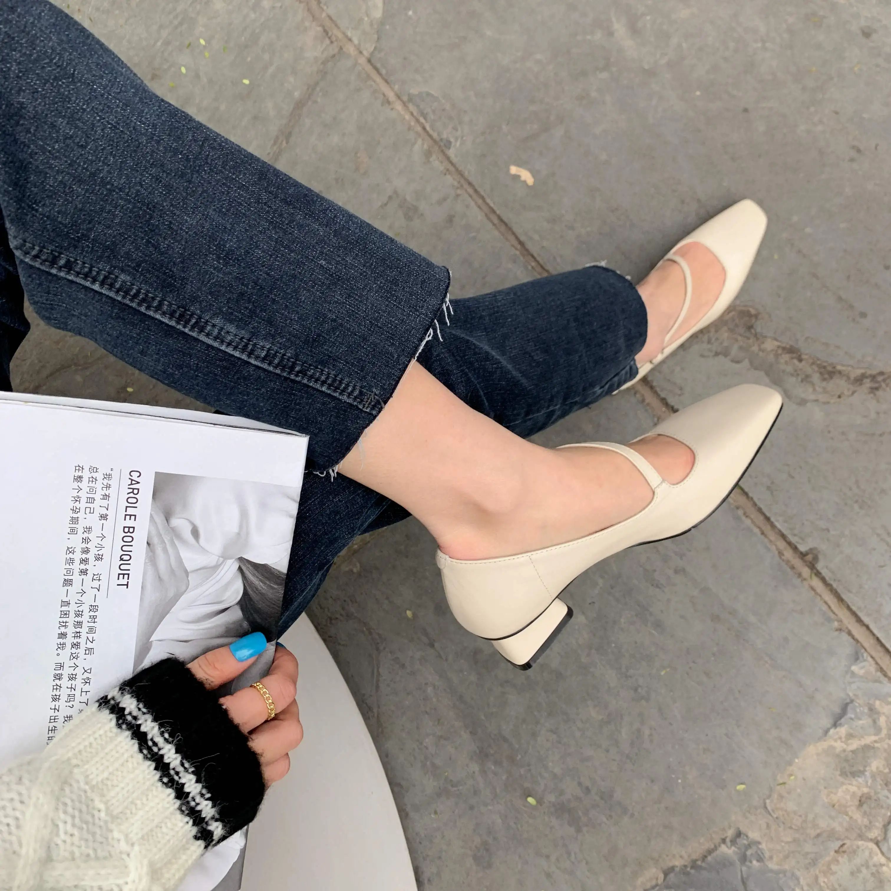 

Krazing Pot genuine leather square toe med heels shallow British school daily wear energy maiden buckle straps women pumps L15