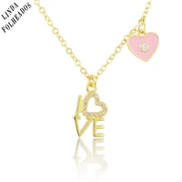 new arrived sweet pink love heart fashion necklace gold plated copper pendant inlaid with zircon jewelry gift