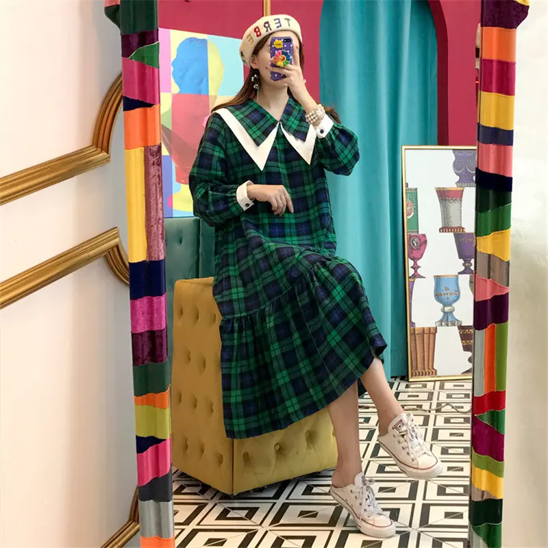 HziriP элегантные шикарные клетчатые прямые женские с воротником Питер Пэн