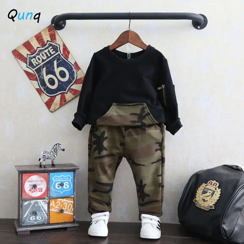 

Qunq Boys Clothes New Spring Fall Kids Sport Suits for 2 3 4 5 6 Year Boys Black Sweatshirts Camouflage Pant Children Tracksuits