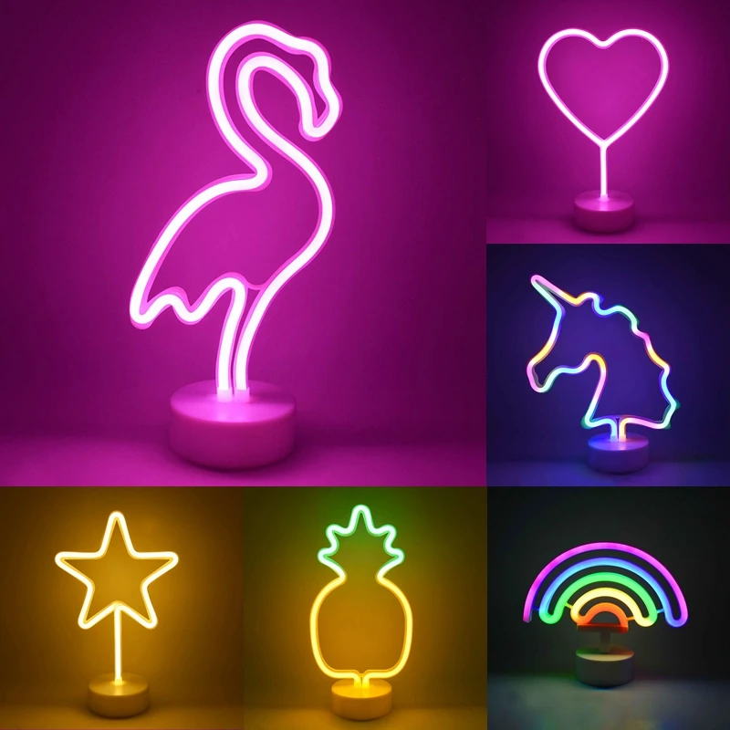 

USB LED Neon Sign Light Holiday Flamingo Unicorn Cactus Star Night Lights Hawaii Party Wdding Decoration Home Room Tabletop Lamp