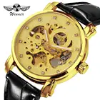Часы-скелетоны WINNER женские механические, брендовые Роскошные Дизайнерские автоматические дизайнерские наручные часы со стразами и кожаным ремешком