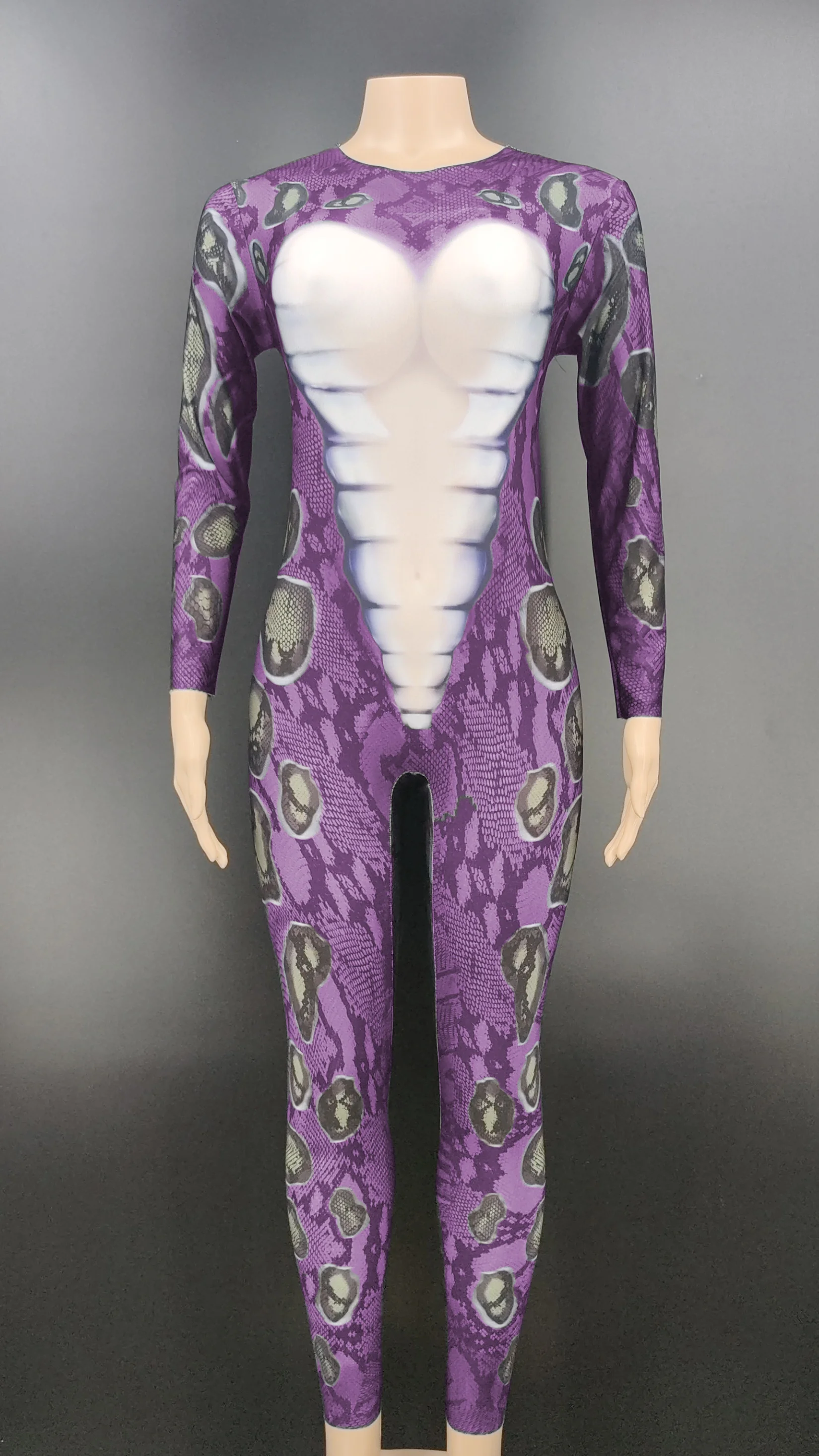 Women Sexy Stage Women Long Sleeve Turtleneck Bodysuit Slim Romper Tops Snake Skin Print Clubwear Party Jumpsuit Leotard