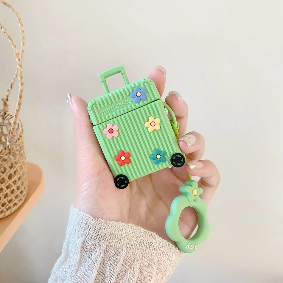 Green Flower Чехол для AirPods, Модный милый чехол, сумка для багажа, беспроводной Чехол для наушников для Apple Airpods 2, защитный чехол с кольцом, брелок - Цвет: Green Flower