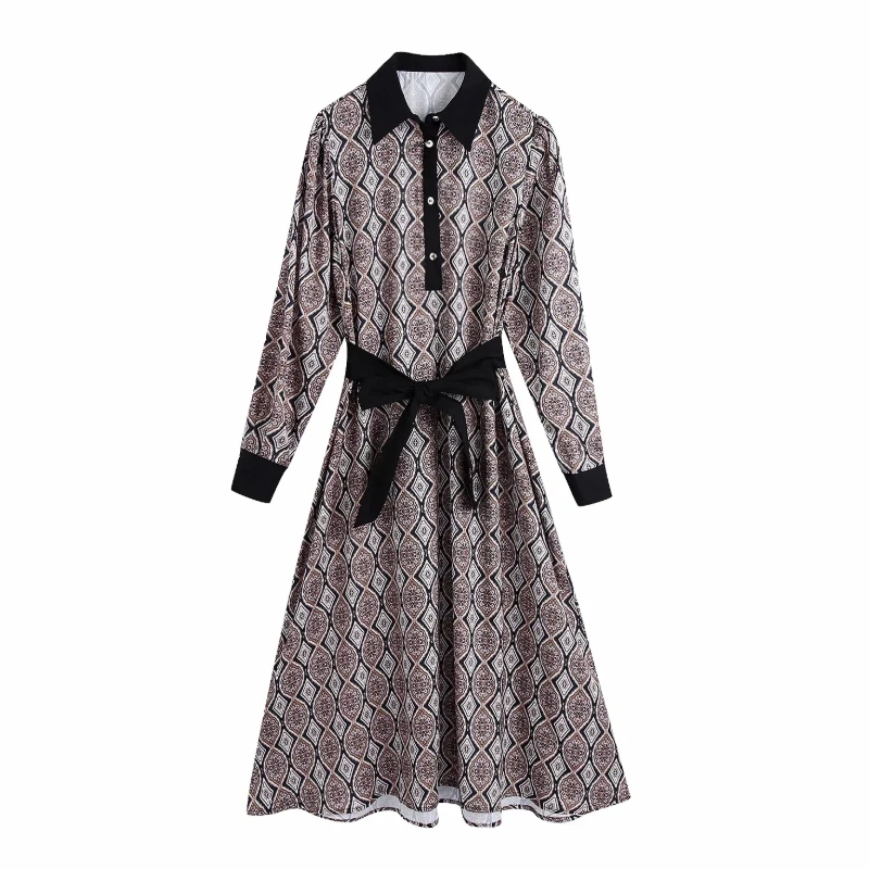 

Women Contrast Color Turndown Collar Sashes Printed Midi Dress Vintage Female Long Sleeve Clothes Casual Lady Vestido D6871