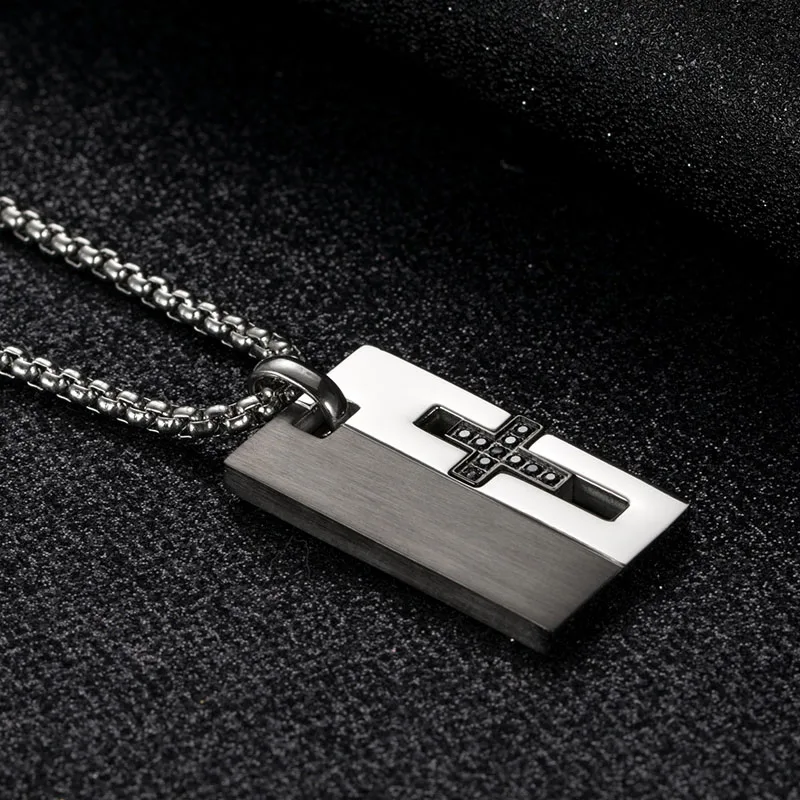 Men Jewelry Stainless Steel Crystal Dog Tag Pendant CZ Zircon Cross Necklaces Best Friend Gifts | Украшения и аксессуары