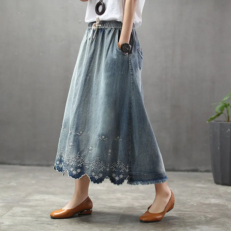 Новые женские юбки до середины икры с вышивкой и кисточками из хлопка денима