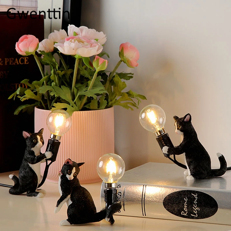 Современная мини настольная лампа из смолы в виде кота для спальни прикроватная