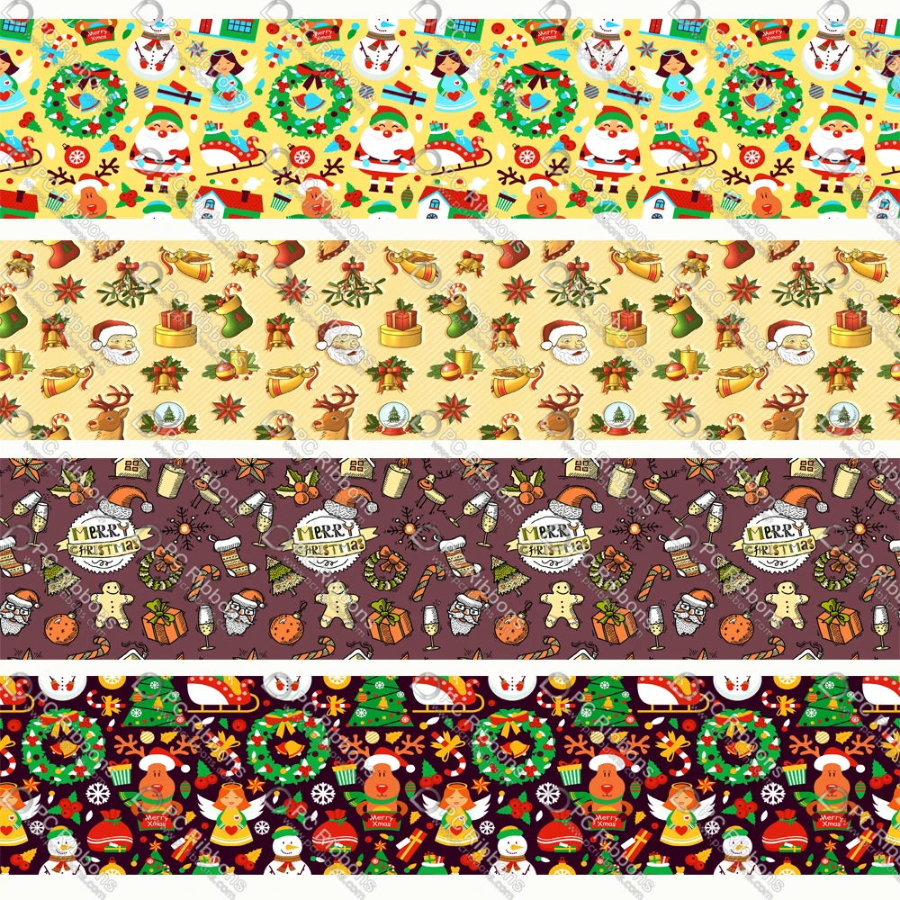 

16-75MM Merry Christmas Painting Printed Grosgrain&Sati& Foe&Lanyard DIY Handmade Materials Christmas Wedding Wrap Tape 50yards