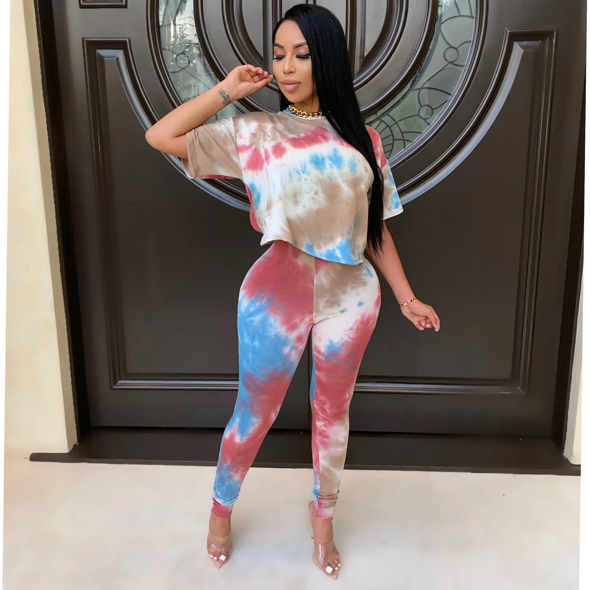

S-XXL Women's Two Piece Tie Dye Outfits Casual Short Sleeve T-Shirts Tops Bodycon Long Pants Joggers Slim Sets Tracksuits