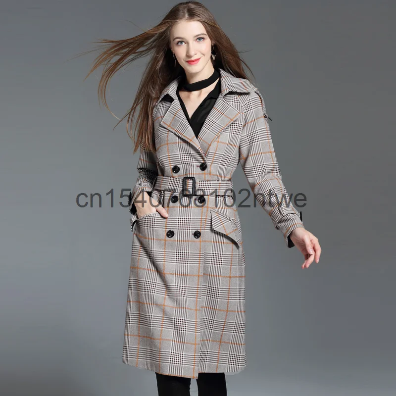 

Женская длинная клетчатая ветровка выше колена, Новинка весна-осень 2021, британское двубортное свободное очень длинное клетчатое пальто 2009