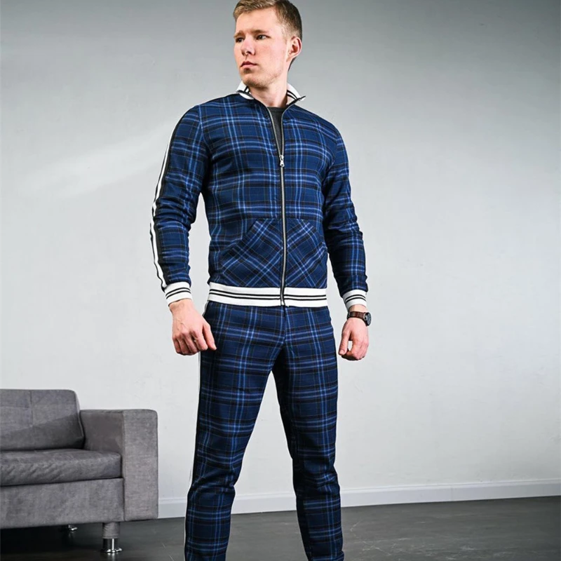 

Мужской спортивный костюм весна-осень, модный клетчатый спортивный костюм, повседневный комплект из двух предметов, мужской спортивный кос...