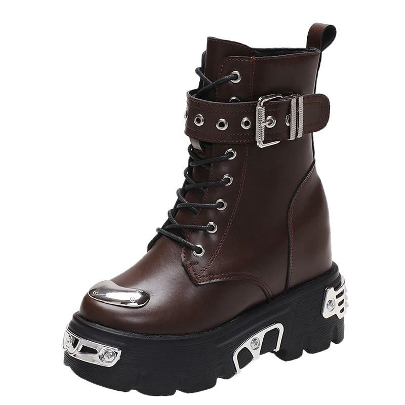 

Women Punk Ankle Boots Metal Decor Shoes Fashion Gothic Boots Lace Up Black Chunky Boots Wedges Platform Shoes Woman Botas Mujer